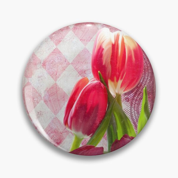 Item preview, Hot pink and cream tulips floral art, vintage writing, Harlequin print designed and sold by Glimmersmith.