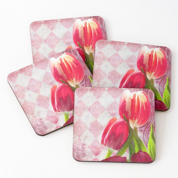 Item preview, Hot pink and cream tulips floral art, vintage writing, Harlequin print designed and sold by Glimmersmith.