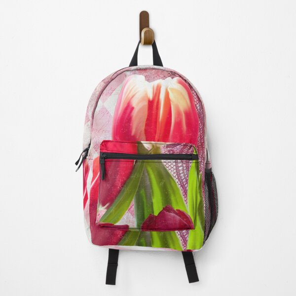 Item preview, Hot pink and cream tulips floral art, vintage writing, Harlequin print designed and sold by Glimmersmith.