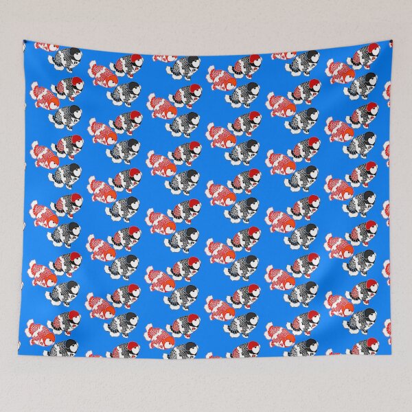 Aperçu de l'œuvre Logo latéral de poisson rouge Ranchu Tri Color, rouge et blanc, noir et blanc créée et vendue par Nosnah.