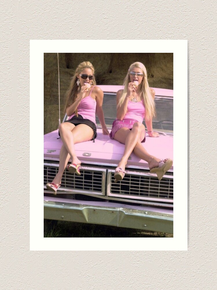 2000s Paris Hilton and Nicole Richie on pink car Art Print for