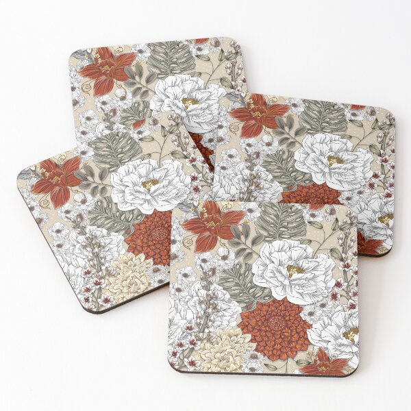 Item preview, Peony and Dahlia and Monsterra Floral Pattern in Red, White and Beige designed and sold by amiwabisabi.
