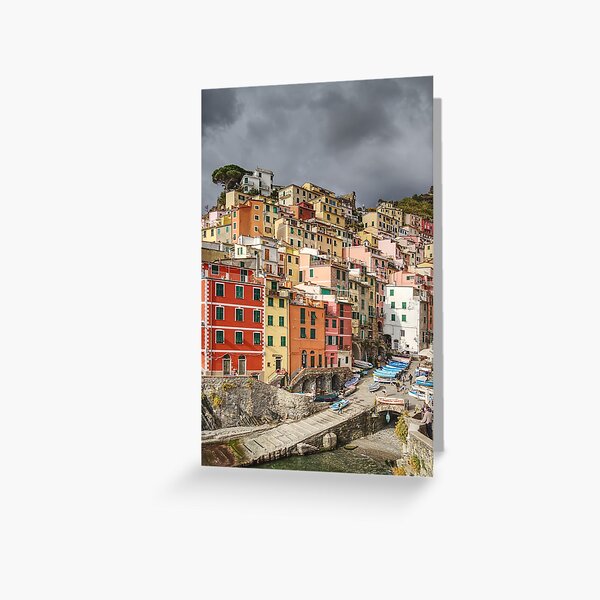 Dark clouds above Riomaggiore in Cinque Terre Greeting Card
