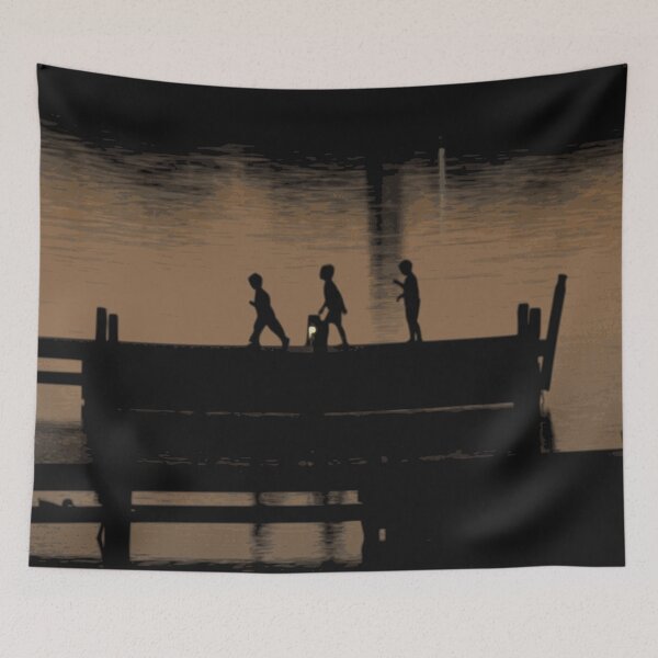 Item preview, Children playing on a jetty at sunset designed and sold by ReachForArt.