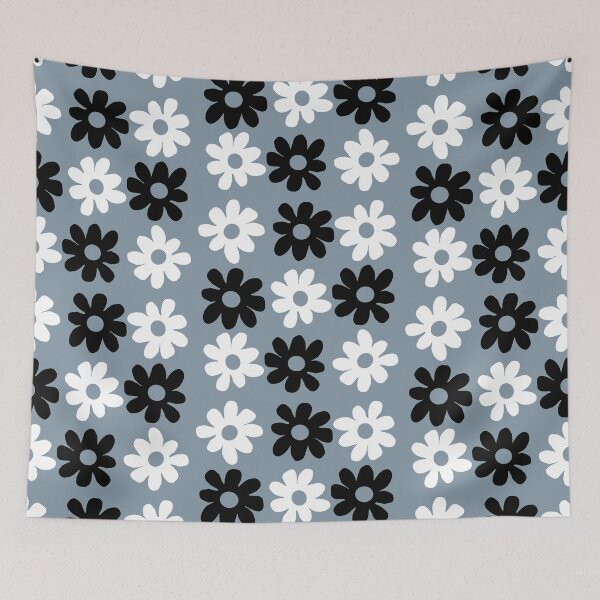 Item preview, Black and white flowers blue grey background  designed and sold by DemonicGloom.