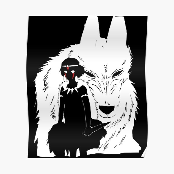 Illustration de la princesse Mononoke et du loup - Classique en noir et blanc Poster