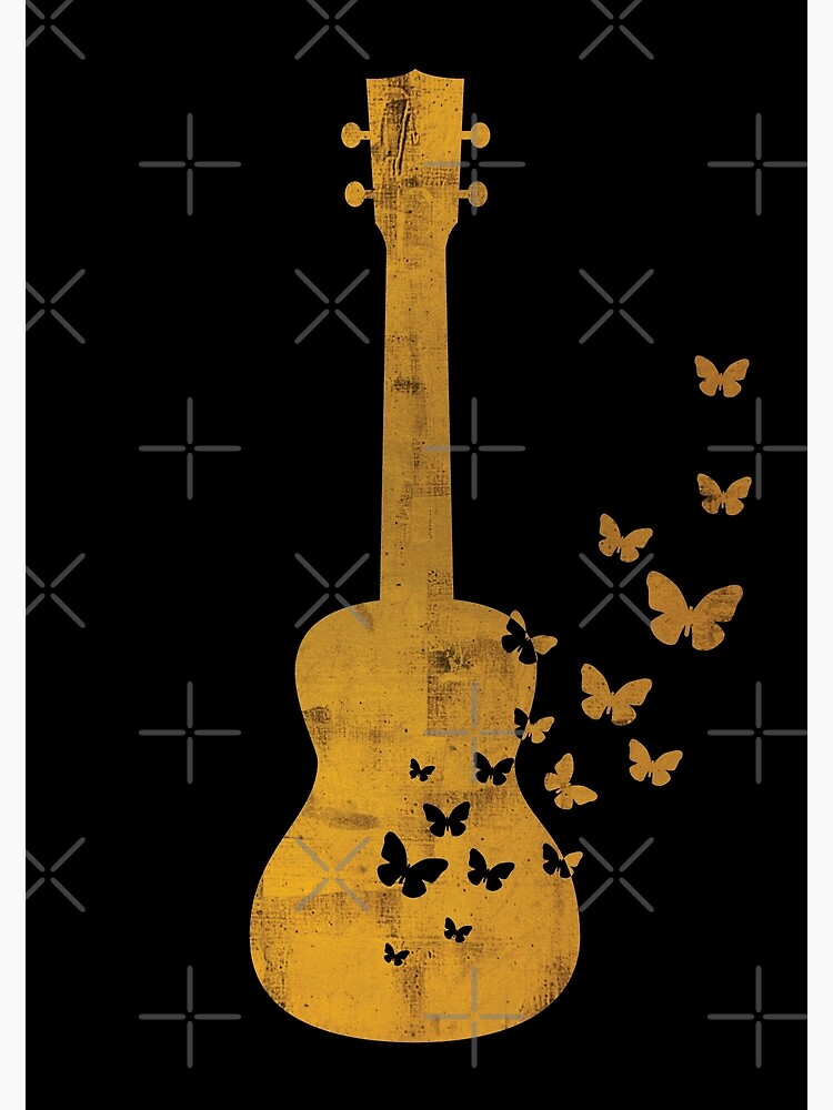 "Ukulele Silhouette Turning Into Butterflies Gold" Art Print for Sale