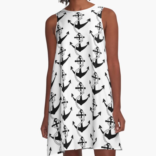Nautical Boat Anchor With Rope, Black and White A-Line Dress