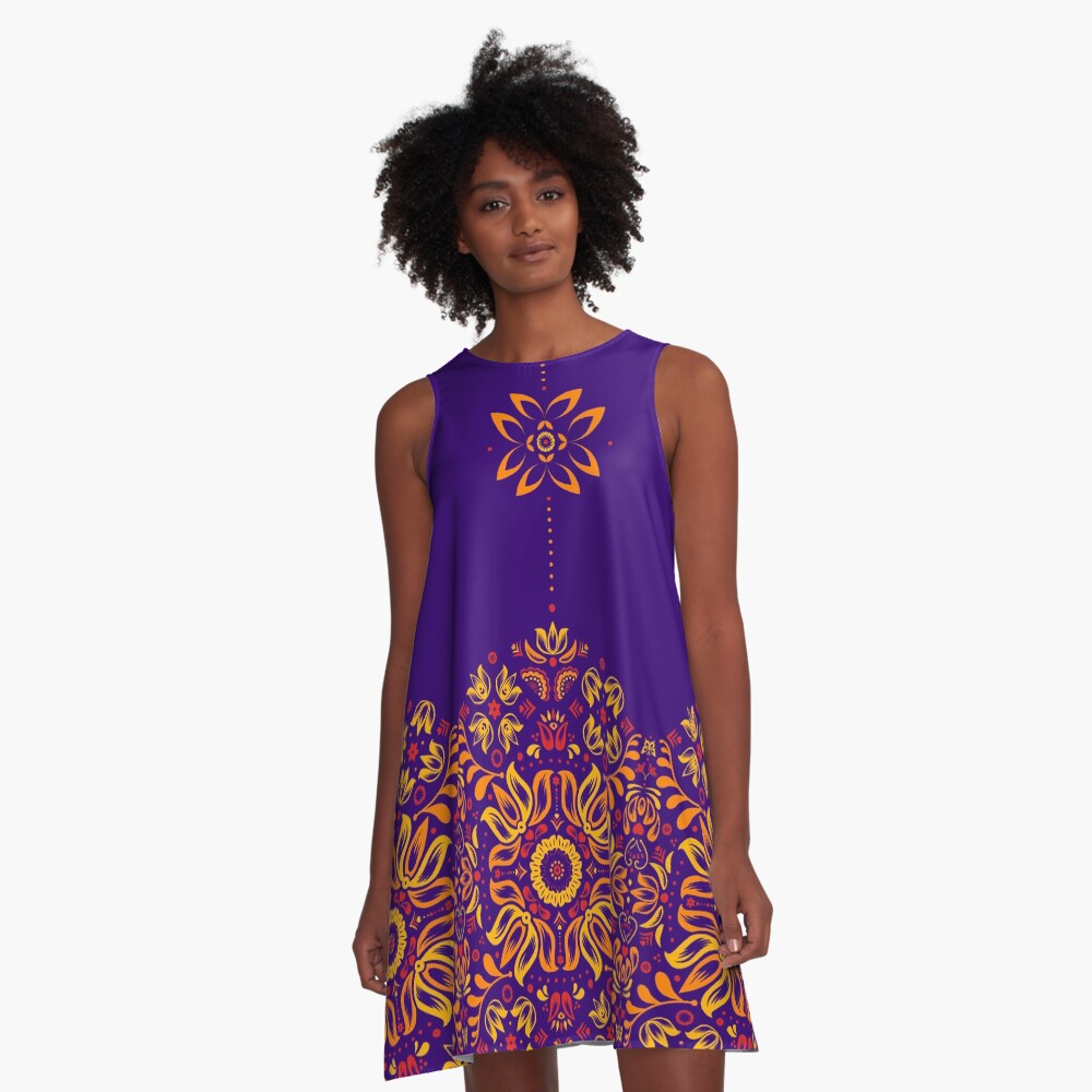 Fiery Floral Folk Pattern A-Line Dress