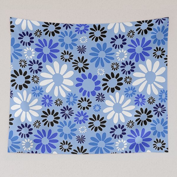 Artikelvorschau, Retro-Blumenmuster in Blau, Türkis, Weiß und Schwarz entworfen und verkauft von DEC02.