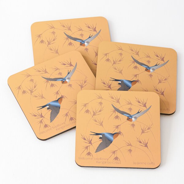 Item preview, Welcome Swallows over Kangaroo Grass on orange background designed and sold by koalajanine.