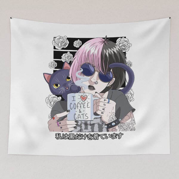 Item preview, Goth Anime Girl Black Gothic Cat Coffee Lover Vaporware designed and sold by Nosek1ng.