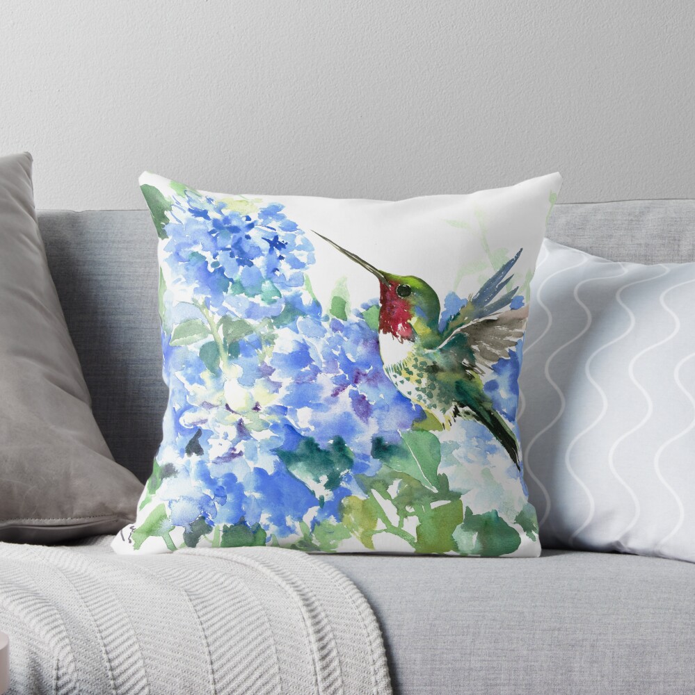 Hydrangea Flowers and Hummingbird Throw Pillow