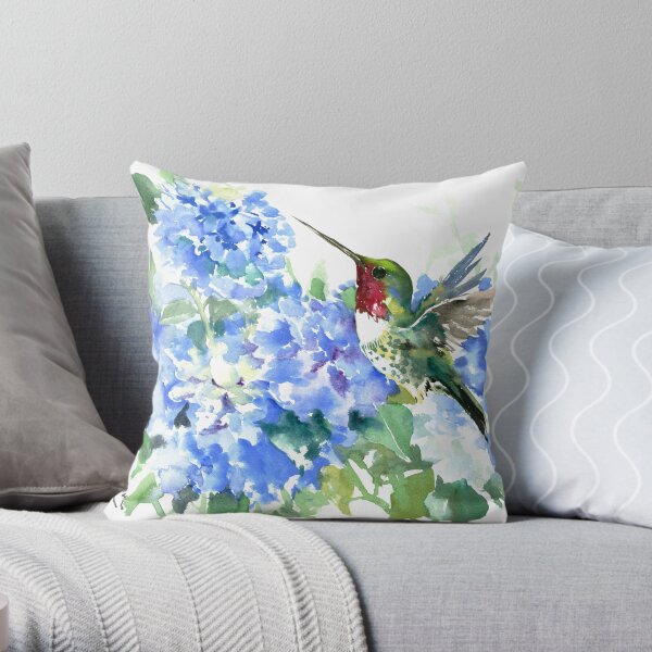 Hydrangea Flowers and Hummingbird Throw Pillow