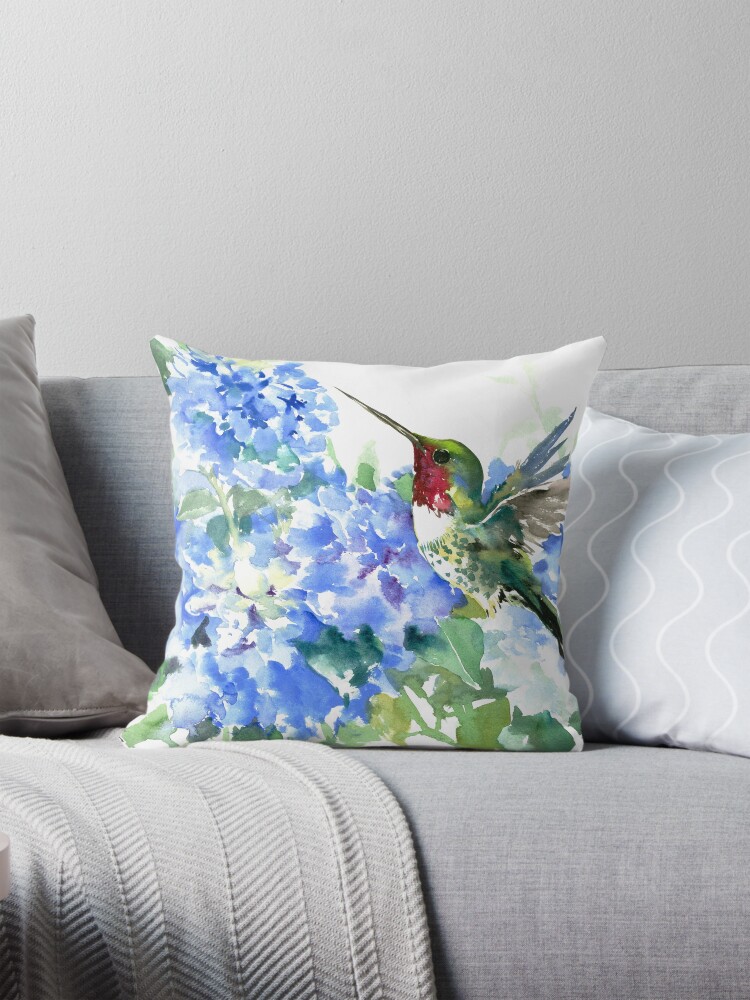 Thumbnail 1 of 4, Pillow, Hydrangea Flowers and Hummingbird designed and sold by surenart.