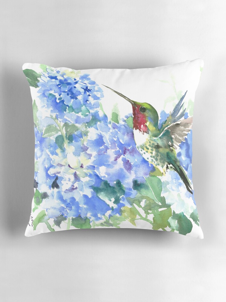 Thumbnail 3 of 4, Pillow, Hydrangea Flowers and Hummingbird designed and sold by surenart.