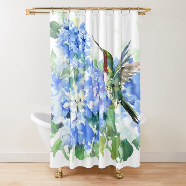 Disover Hydrangea Flowers and Hummingbird Shower Curtain