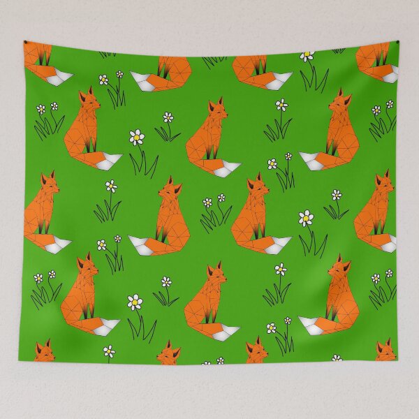 Item preview, Geometric Red foxes and daisies  light green background  designed and sold by DemonicGloom.
