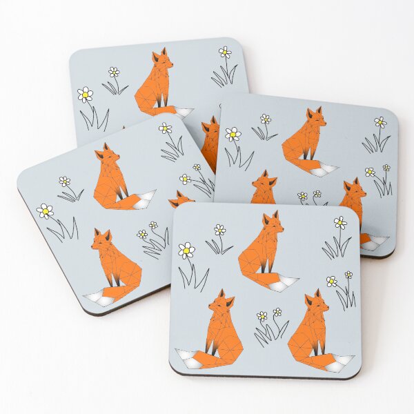Item preview, Geometric Red foxes and daisies  pale light grey background  designed and sold by DemonicGloom.