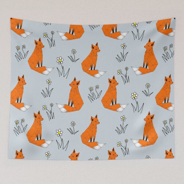 Item preview, Geometric Red foxes and daisies  pale light grey background  designed and sold by DemonicGloom.