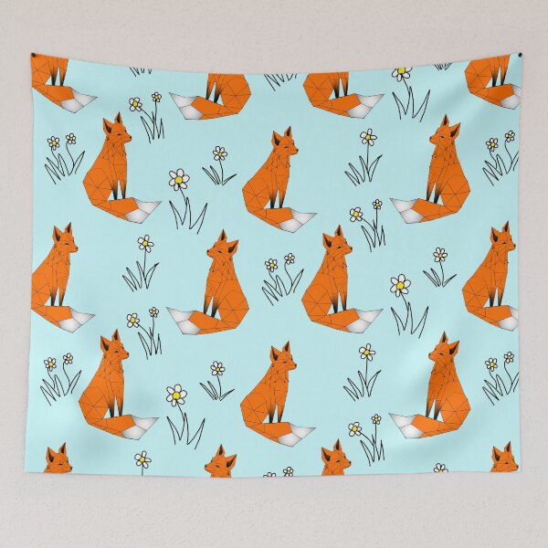 Item preview, Geometric Red foxes and daisies  pale blue background  designed and sold by DemonicGloom.