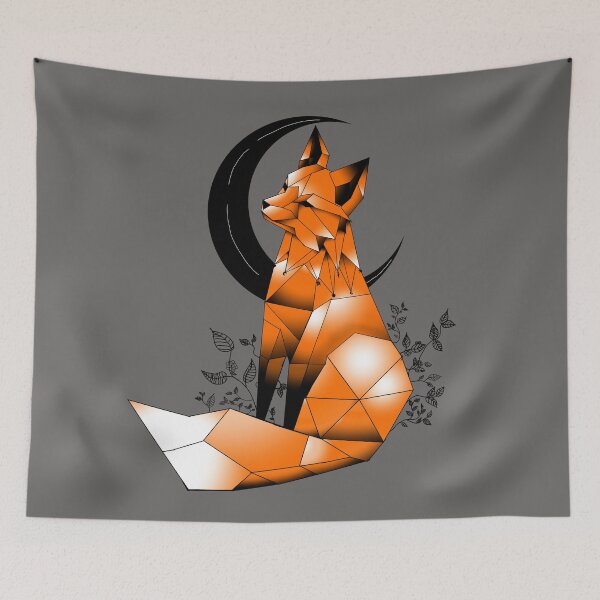 Item preview, Geometric Fox with crescent Moon and leaves charcoal background designed and sold by DemonicGloom.