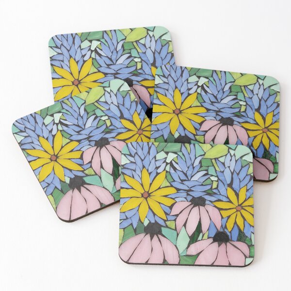 Item preview, Pink cone flowers, daisies, and blue lupine stained glass mosaic designed and sold by Angiekannada.
