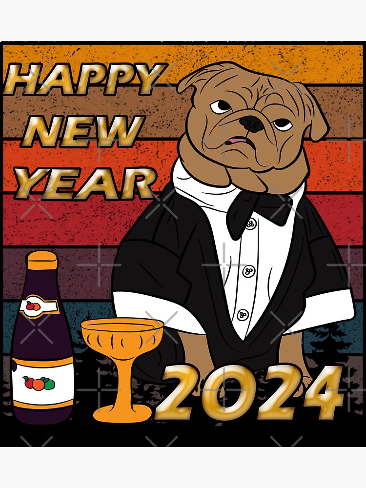 " Happy new year 2024 distressed sunset retro dog face design" Sticker