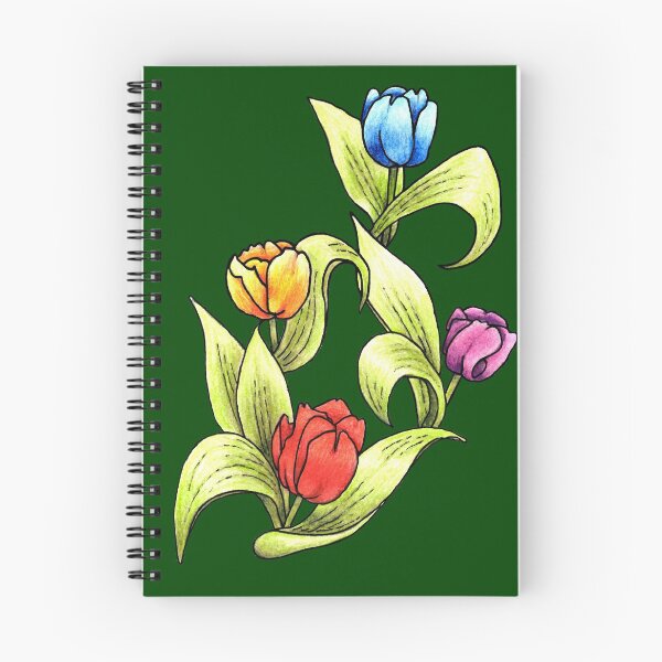 Aperçu de l'œuvre tulipes heureuses lumineuses sur fond vert foncé créée et vendue par DingbatDesigns.