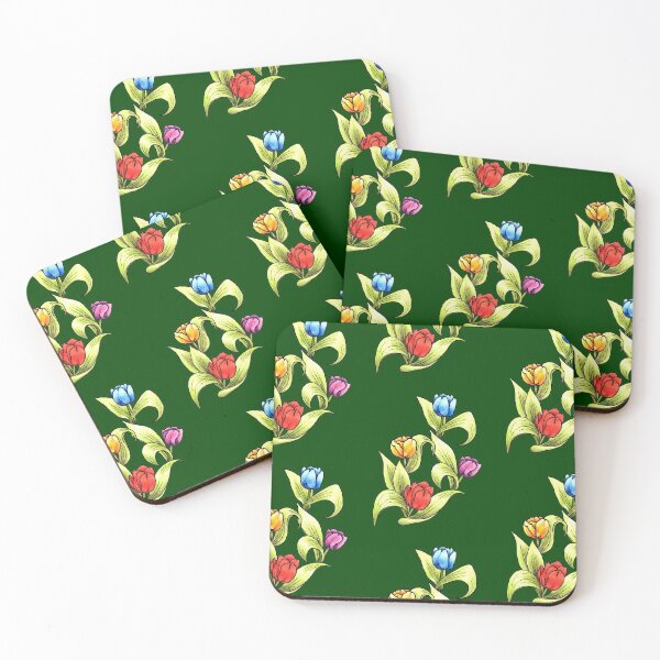Item preview, bright happy tulips on a dark green background designed and sold by DingbatDesigns.