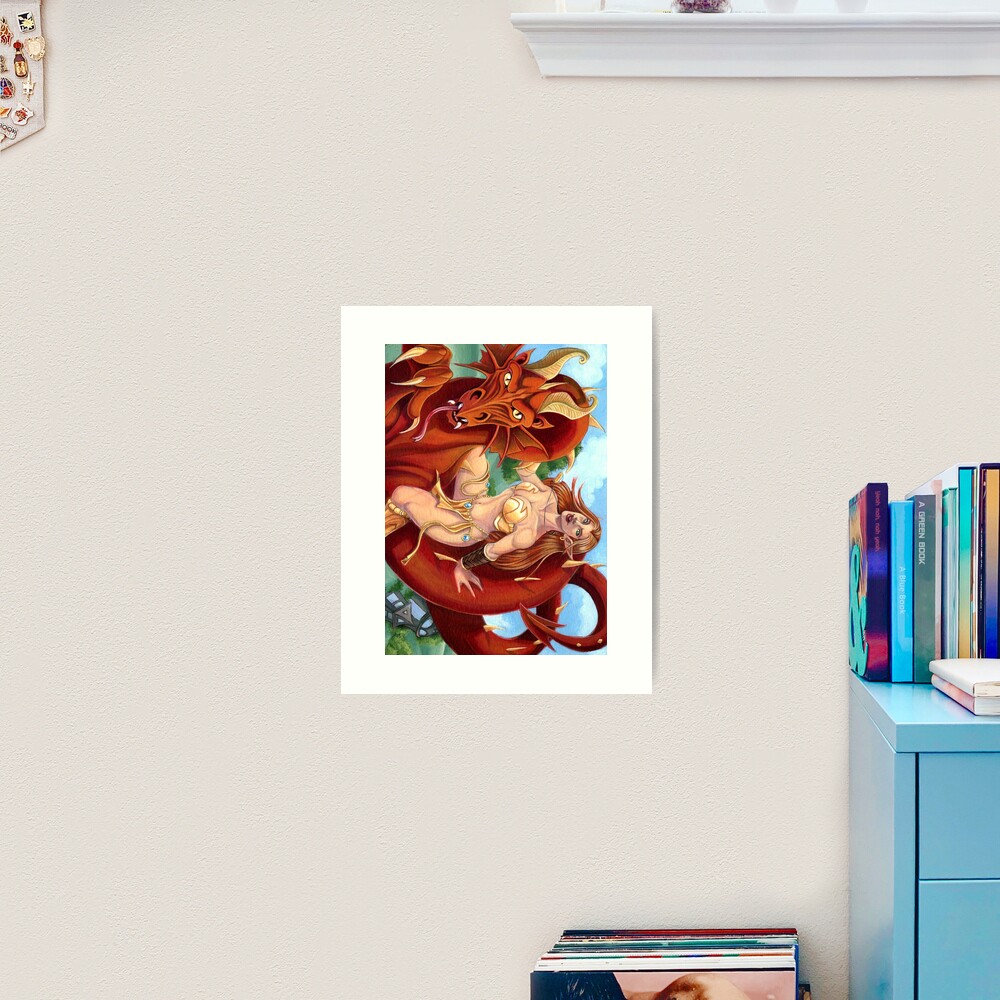 Red Dragon and Elf Warrior Art Print