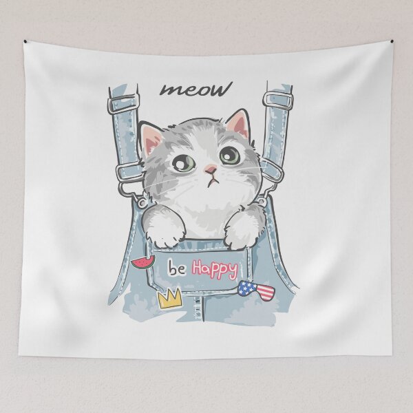 Item preview, BE HAPPY CUTE MEOW CAT IN OVERALLS POCKET WITH AMERICAN FLAG designed and sold by Adam Designs.