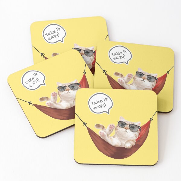 Item preview, TAKE IT EASY SLOGAN WITH CUTE CAT IN SUNGLASSES RELAXING IN RED HAMMOCK designed and sold by Adam Designs.