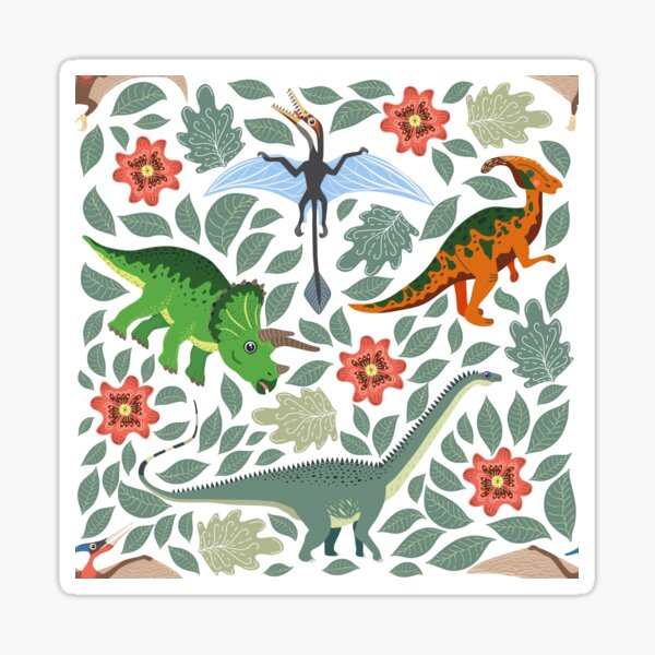 pattern with dinosaurs and tropical leaves and flowers. Perfect for kids fabric, textile, nursery wallpaper. Cute dino design. Sticker