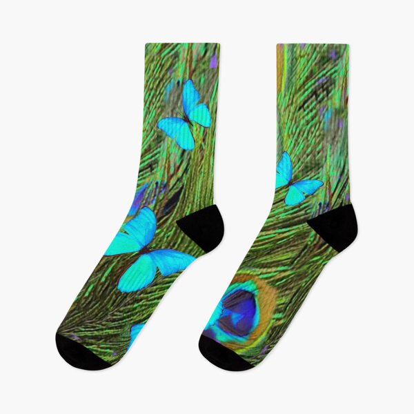 Item preview, NEON BLUE BUTTERFLIES PEACOCK FEATHERS ABSTRACTED ART designed and sold by sharlesart.