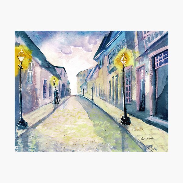 Item preview, Lamplighter watercolor painting by Laura Rispoli Cobblestone streets designed and sold by Laura-Rispoli.