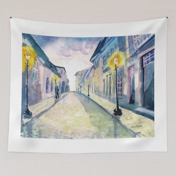 Item preview, Lamplighter watercolor painting by Laura Rispoli Cobblestone streets designed and sold by Laura-Rispoli.