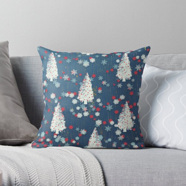 White Christmas Trees with Red and Blue Details Throw Pillow