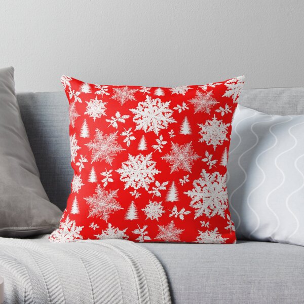 Snowflakes christmas trees and holly red Throw Pillow