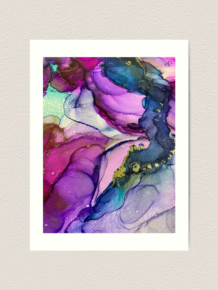 Raspberry, Purple, Aqua, Navy and Gold Alcohol Ink Abstract Art