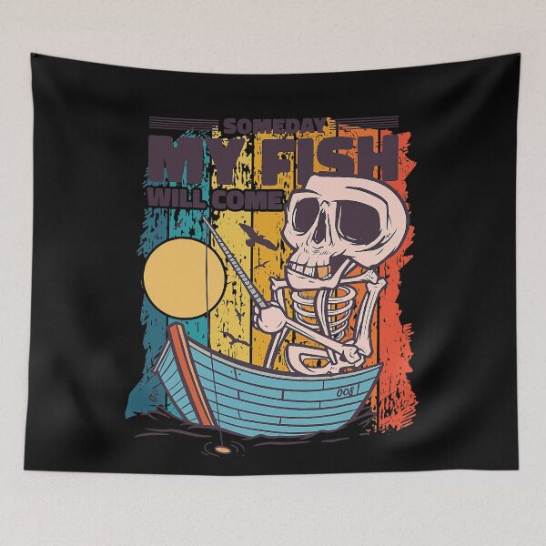Item preview, Vintage skeleton fisherman fishing waiting for fish in lake designed and sold by LemmikkiBadley.