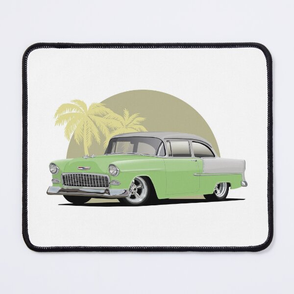 Aperçu de l'œuvre Vert 1955 Chevy Bel Air 2 portes avec fond de palmier créée et vendue par Hamilton illustrations.