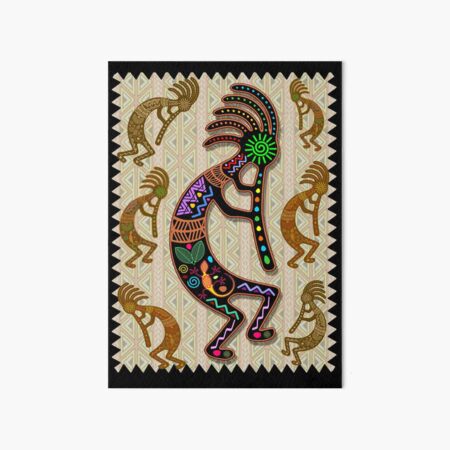 Kokopelli Rainbow Colors on Tribal Pattern Art Board Print
