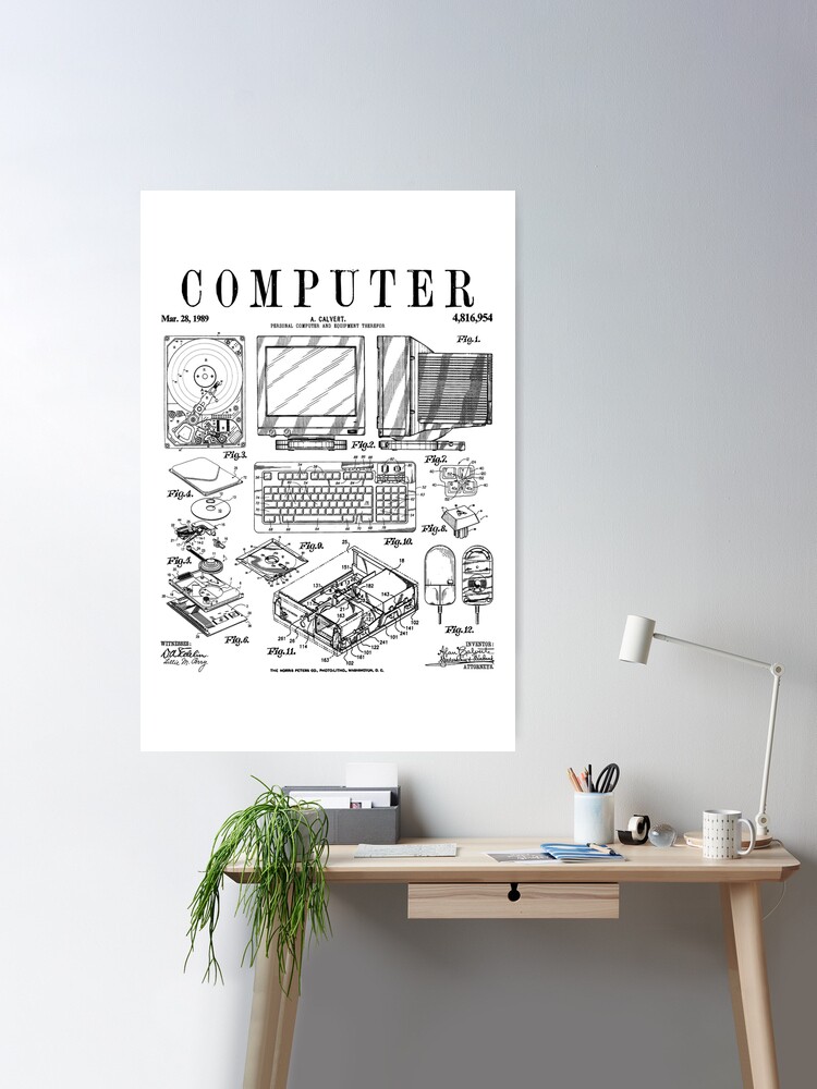 Vintage Geek Wall Painting, Computer Blueprints Poster