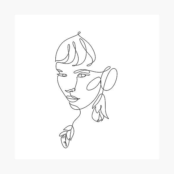 Female Faces One Line Art Style Flowers Leaves Continuous Line Art