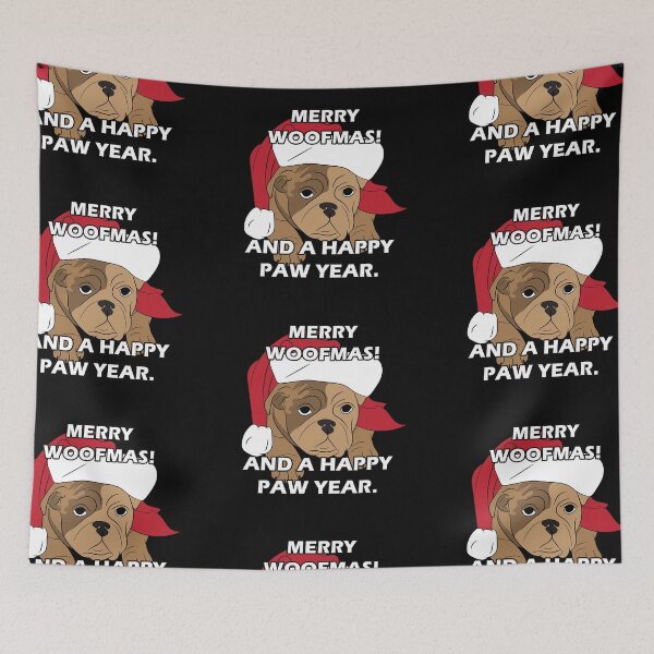 Item preview, Merry Pug Christmas merry woofmas! and a happy paw year quote/saying artistic dog face design designed and sold by SamRVstore.