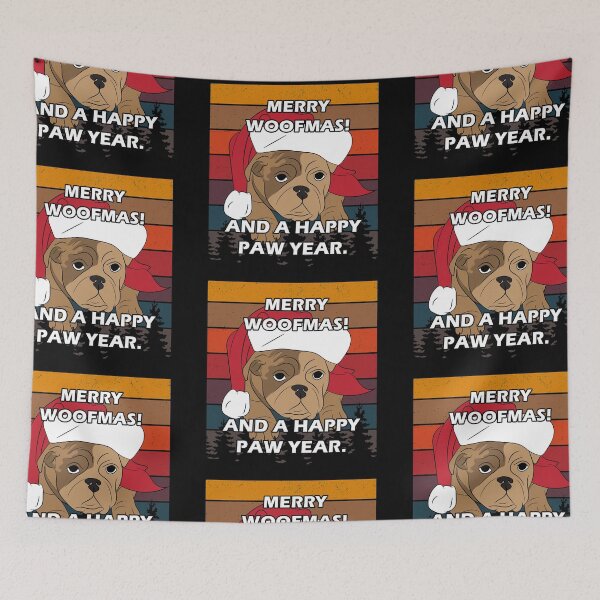Item preview, Merry Pug Christmas, merry woofmas! and a happy new year distressed sunset retro dog face design designed and sold by SamRVstore.