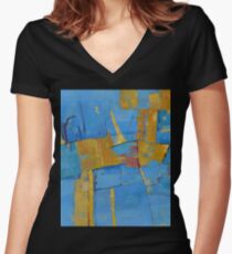Abstract Artwork Blue Yellow Doodle Patterns Women's Fitted V-Neck T-Shirt