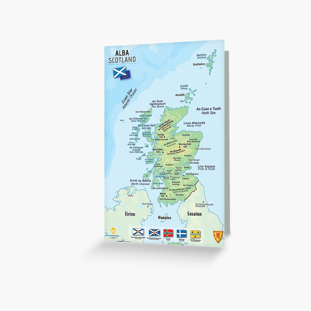 "Alba, Map of Scotland in Scottish Gaelic with main names in English" Greeting Card for Sale by