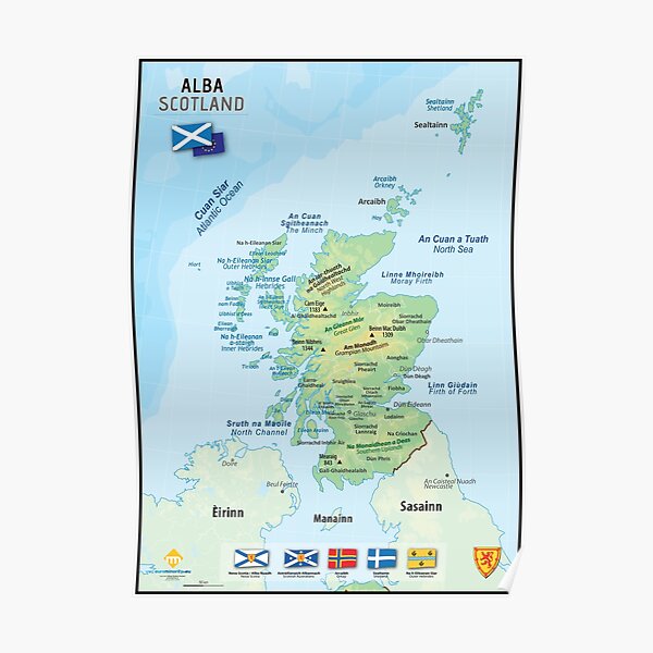 Alba, carte de l'Écosse en gaélique écossais et principaux noms en anglais Poster